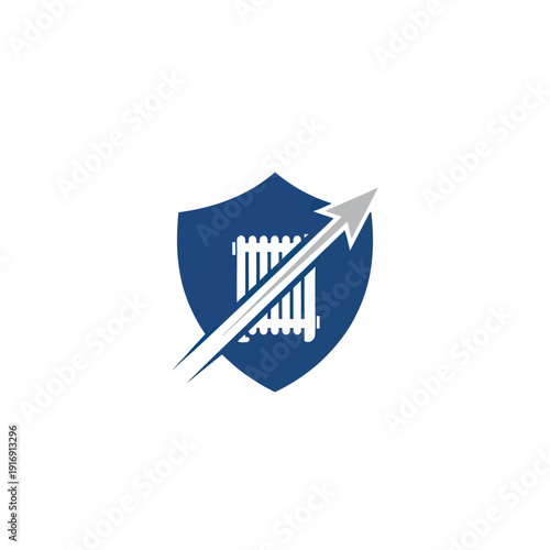 Blue Shield with Arrow and Fence Icon.