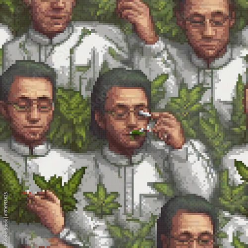 The image depicts a group of men, each with unique features, standing in a lush green background.