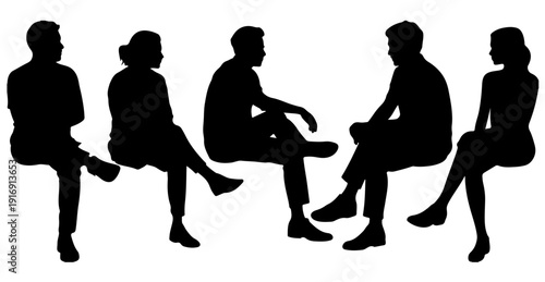 Business people sitting silhouette vector illustration isolated on white background, corporate meeting discussion group concept.