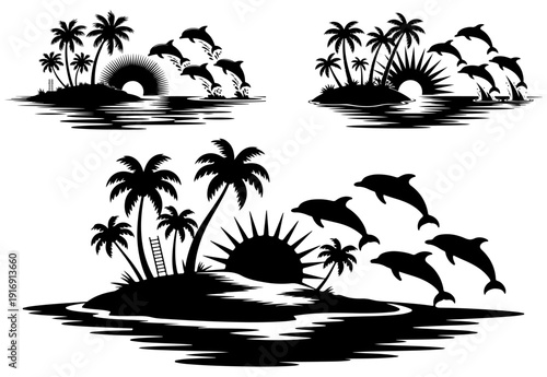Tropical island sunset silhouette with jumping dolphins and palm trees on ocean waves, tropical island jumping dolphins with palm trees and sunrise and sunset