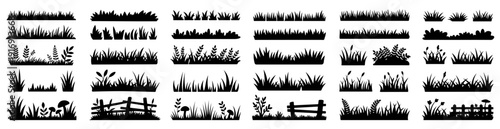 Grass borders silhouette set on white background, Grass field border, Silhouette grass illustration vector, Grass elements set collection