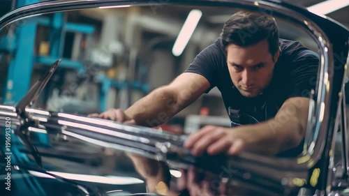 Mechanic adjusts the mechanical components of a hardtop convertible roof ensuring smooth operation and secure sealing.