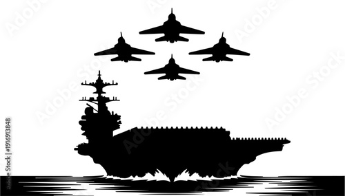Aircraft carrier and fighter jet silhouette vector illustration isolated on white background, military navy fleet concept.