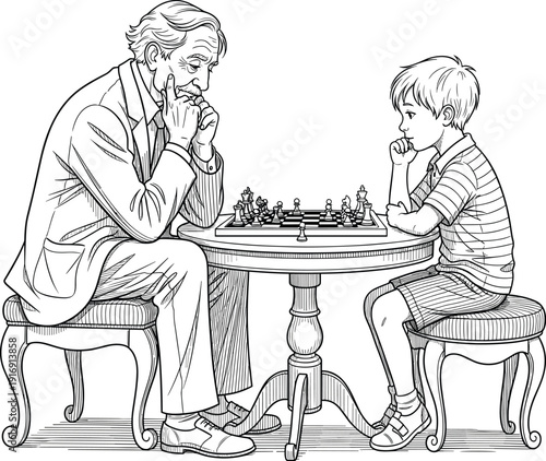 Elderly Man Teaching Boy to Play Chess at Table