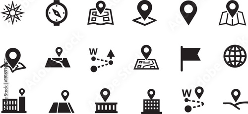 Comprehensive set of eighteen minimalist navigation and map icons featuring location pins, compass, wind rose, folded maps, route paths, globe, and building markers for travel UI design.
