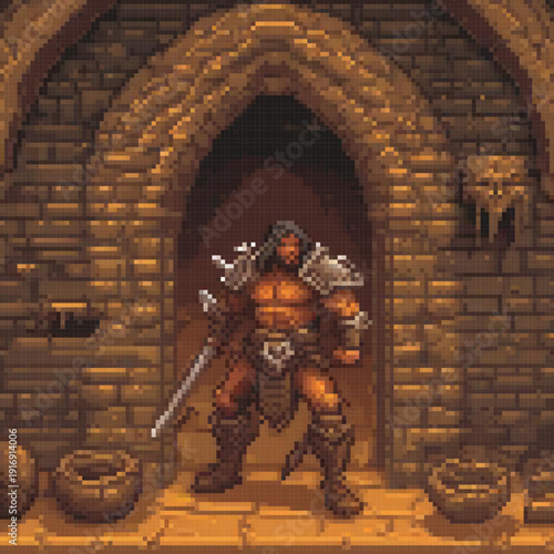 A pixel art image depicts a warrior standing in front of an archway, holding a sword.