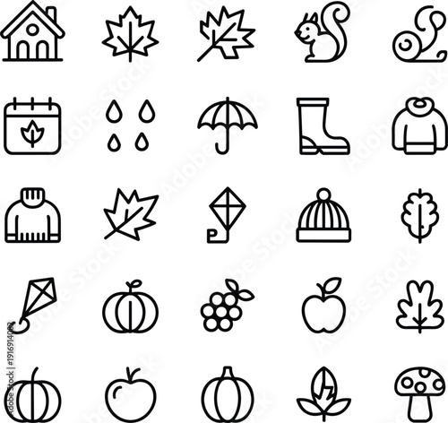 Autumn fall season icon set line vector collection featuring leaves, pumpkin, rain, animals, cozy weather symbols illustration