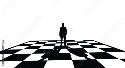 Silhouette of a lone person standing firmly on a dramatic black and white checkered floor