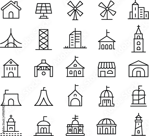 Architecture landmark building icon set line vector collection featuring urban structures temples towers domes skyline and monuments