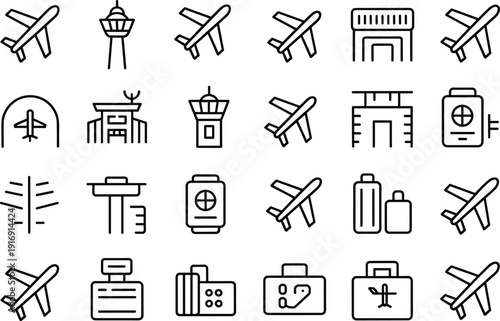 Airport travel icon set line vector collection featuring airplanes, terminal, luggage, control tower, navigation aviation transport symbols design