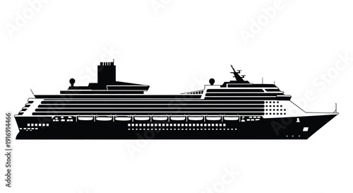 Black and white silhouette illustration depicting a large passenger cruise ship sailing across the water