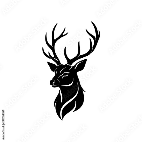A black deer head silhouette with large antlers on a white background.