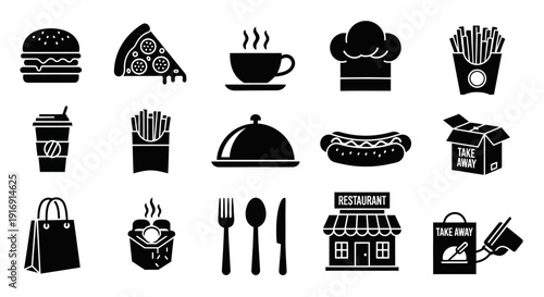 Food and Restaurant Silhouette Icons Set – Solid Black Culinary Vector Collection