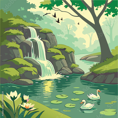 landscape with trees and river