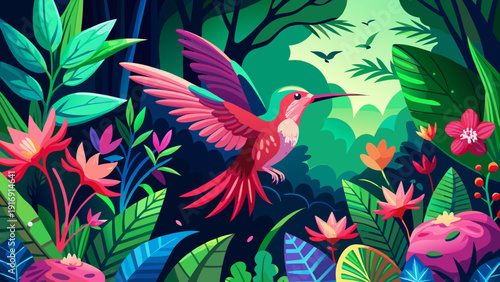 Very beautiful pink-toned hummingbird gliding through a tropical woodland, hovering near a red blossom amid dense greenery, capturing the vibrant rhythm of rainforest wildlife.