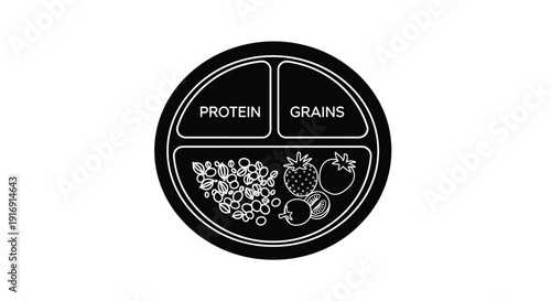 Simple black and white icon illustrating balanced nutrition plate sections for healthy eating guidance