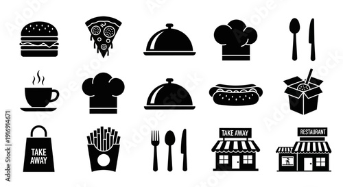 Food and Restaurant Silhouette Icons Set – Solid Black Culinary Vector Collection