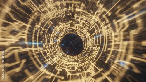 Abstract Digital Tunnel with Glowing Circuit Board Lines and Central Void.