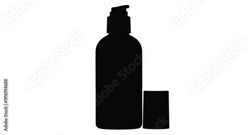 Black silhouette icon of a cosmetic pump dispenser bottle standing next to its cap