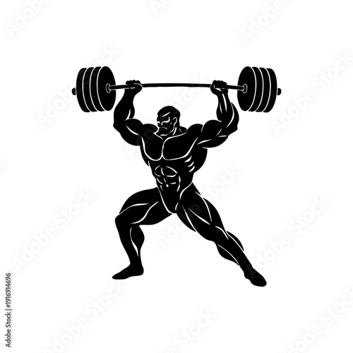 Silhouette of a muscular man lifting a barbell overhead with strong posture.