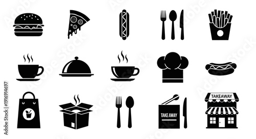 Food and Restaurant Silhouette Icons Set – Solid Black Culinary Vector Collection