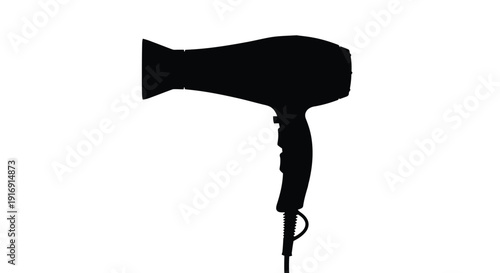 Silhouette of a simple black hairdryer shown against a solid bright white background canvas