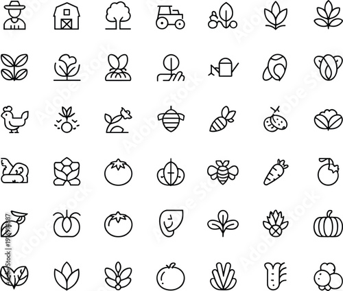 Agriculture farming line icons set, farmer barn tractor plants vegetables fruits harvest organic food gardening rural nature collection