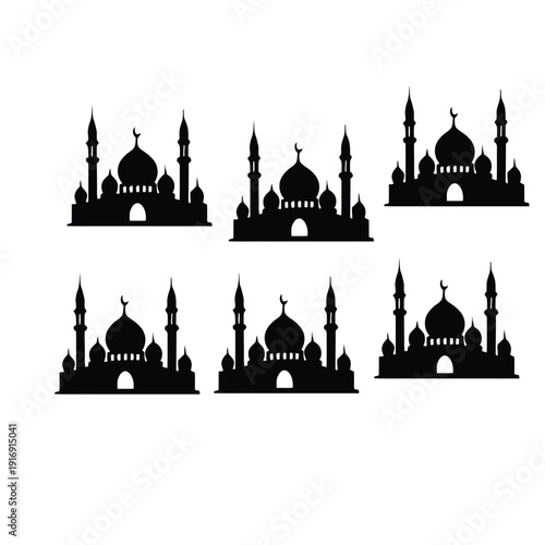 Mosque Silhouette Set with Domes and Minarets Vector