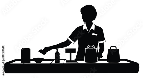 Silhouette of a grocery store cashier scanning items on a conveyor belt for purchase