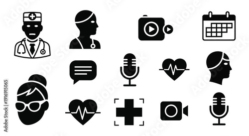 Collection of essential black silhouette icons representing various medical professional services and health monitoring tools.