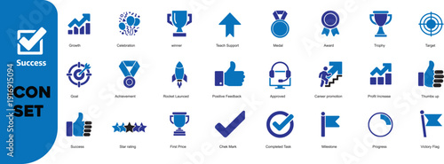 Success and Achievement Flat Icon Set. Business Goal, Target, Trophy, Growth, Award, Teamwork Icons