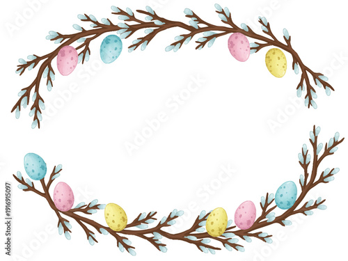 Easter eggs on tree branches with buds isolated on transparent background