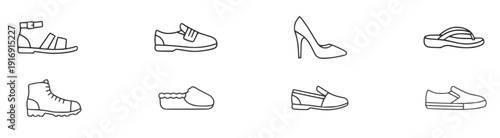 Shoes outline icon set with sandal sneaker heel loafer and boot in minimal line style isolated on white background, fashion footwear collection vector illustration, concept of retail, shopping 