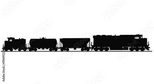 Silhouette of a diverse freight train featuring two locomotives and multiple specialized rail cars.