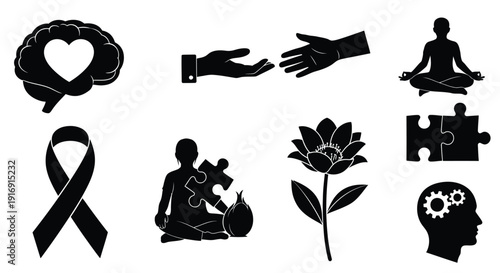 Collection of black silhouette icons representing mental health awareness support and self care