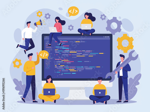 Group of people working on computer coding and software development with large monitor and laptops and tools and gears around them  teamwork