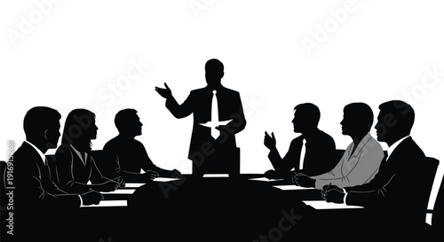 Silhouette of a business leader presenting ideas and directing a team during an important meeting
