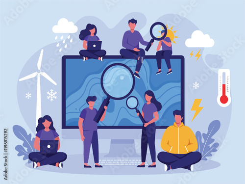 Group of people working on laptops and analyzing data on a large computer screen with magnifying glasses and weather icons around them in a blue background with wind turbine and plants