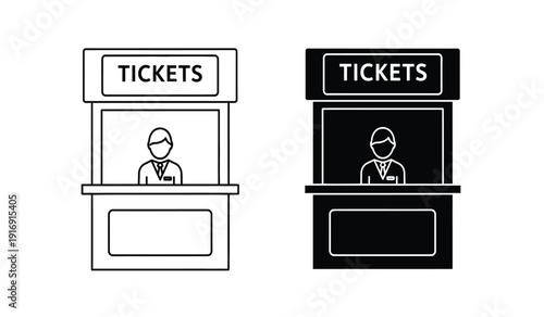 Two ticket booth icons with and without fill, for event or attraction ticketing purposes