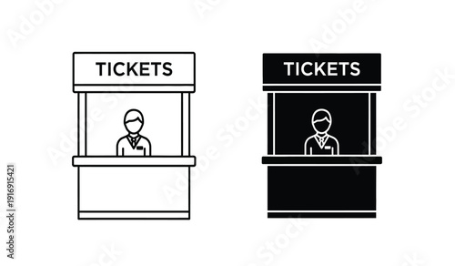 Black and white line icons of ticket booths with people