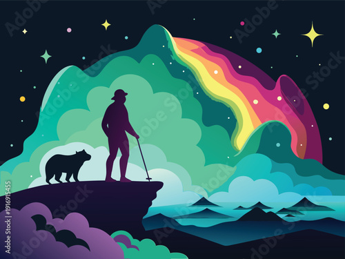 Astronaut and Dog on Cliff Edge Under Colorful Aurora Sky, Cosmic Landscape Flat Design Vector Illustration