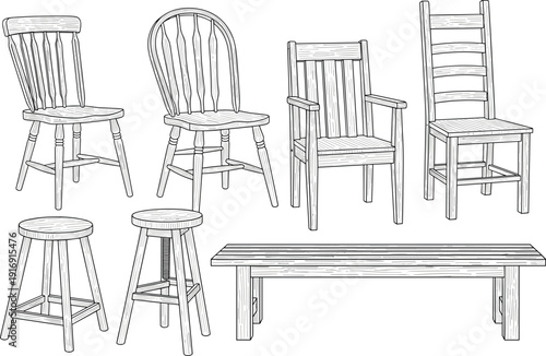 Set of six different wooden chairs and stool line drawing illustration