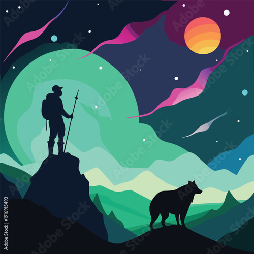 Astronaut and Dog on Cliff Edge Under Colorful Aurora Sky, Cosmic Landscape Flat Design Vector Illustration