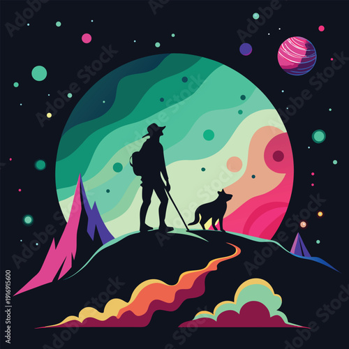 Astronaut and Dog on Cliff Edge Under Colorful Aurora Sky, Cosmic Landscape Flat Design Vector Illustration