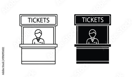 Two ticket booths with people selling tickets in black and white line art style
