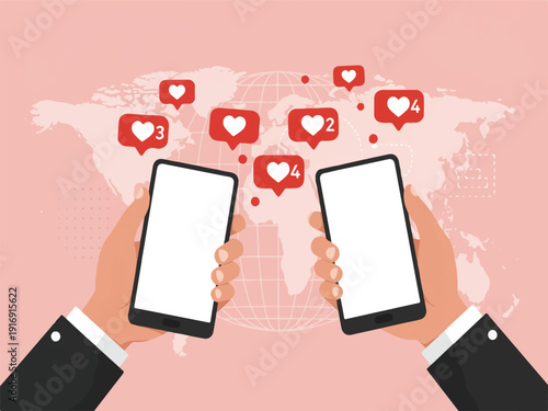 Hands holding smartphones with white screens and social media likes on pink world map background