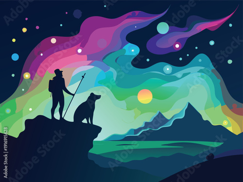 Astronaut and Dog on Cliff Edge Under Colorful Aurora Sky, Cosmic Landscape Flat Design Vector Illustration