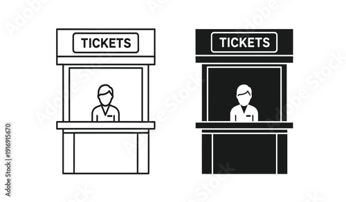 Vector illustration of ticket booths with people in black and white
