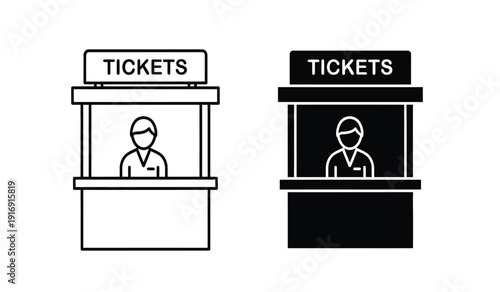 Two ticket booth icons with people selling tickets in black and white