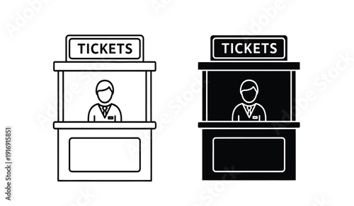 Two ticket booths with people one in black and white and the other in black